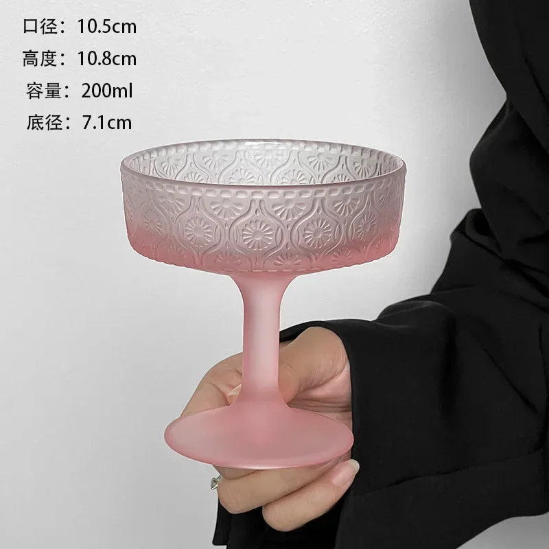 Premium Frosted Relief Glass Cup – Pink Goblet with Tall Feet