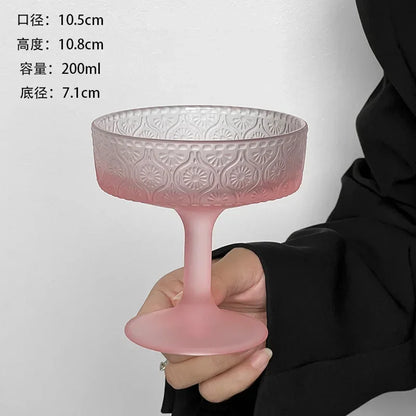 Premium Frosted Relief Glass Cup – Pink Goblet with Tall Feet