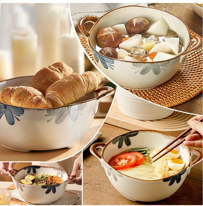 1500ml Household Ceramic Soup Bowl, Salad bowl with Double Handles – Large Capacity
