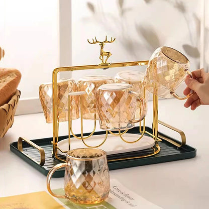 Diamond Textured Glass Cup – 380ml Golden Teacup Mug with Handle