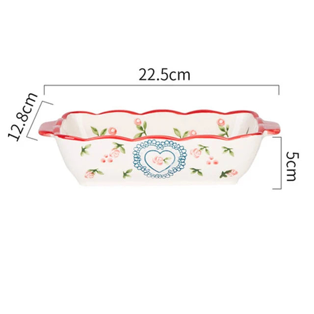 Flowers Rectangular Oval Ceramic Bakeware Pan with Handle – Multi-Size Baking Dish