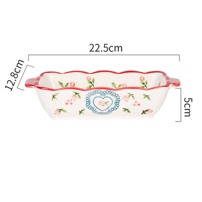 Flowers Rectangular Oval Ceramic Bakeware Pan with Handle – Multi-Size Baking Dish