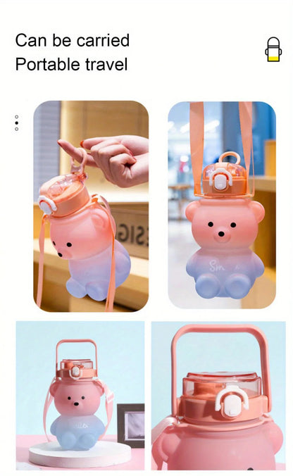 Cute Bear Shape Water Bottle with Straw & Shoulder Strap