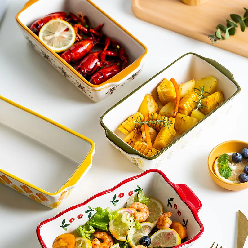 Flowers Rectangular Oval Ceramic Bakeware Pan with Handle – Multi-Size Baking Dish