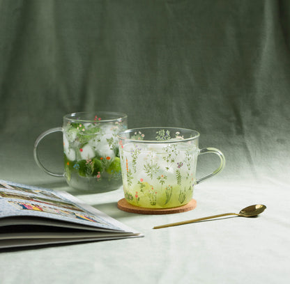 Green Botanical Pattern Borosilicate Glass Cup – 450ml & 500ml Sizes Available