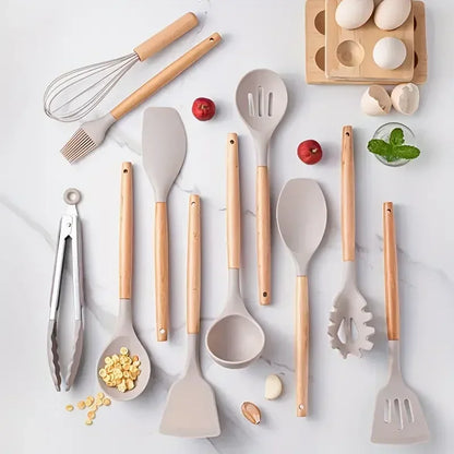 12pcs Set of Silicone Wooden Handle Kitchen Utensils Set Non Stick Pot Spoon