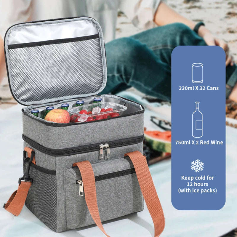 Double Layers Large Capacity Lunch Bag Thermal Insulation Picnic Bag With Shoulder Strap