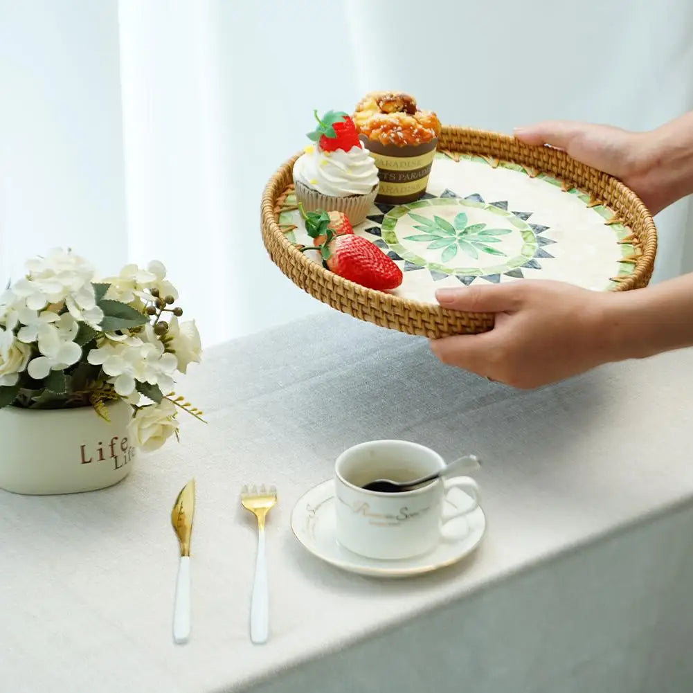 Unique Decorative Round Rattan Serving Tray with Mother-of-Pearl Inlay