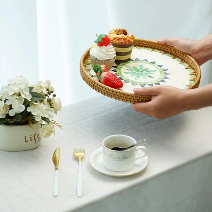 Unique Decorative Round Rattan Serving Tray with Mother-of-Pearl Inlay
