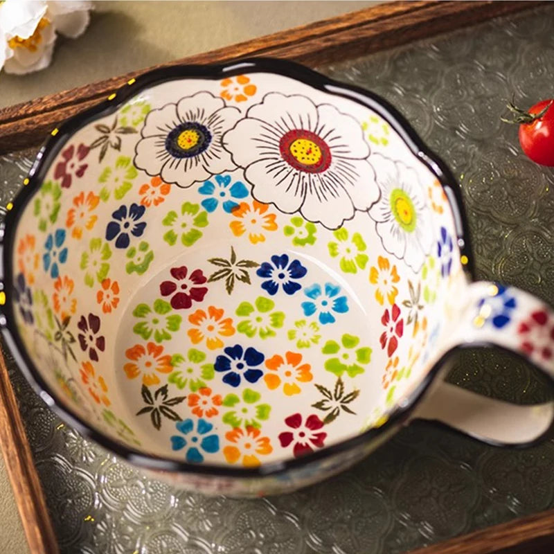 Hand-Painted floral Handle Bowl – 1L Ceramic Multi-Purpose Bowl