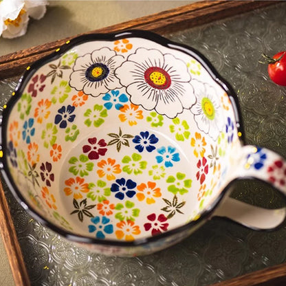 Hand-Painted floral Handle Bowl – 1L Ceramic Multi-Purpose Bowl
