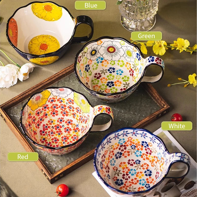 Hand-Painted floral Handle Bowl – 1L Ceramic Multi-Purpose Bowl