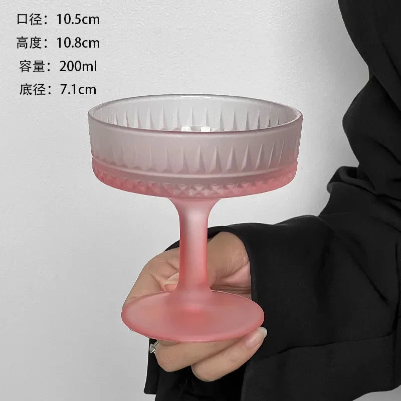 Premium Frosted Relief Glass Cup – Pink Goblet with Tall Feet