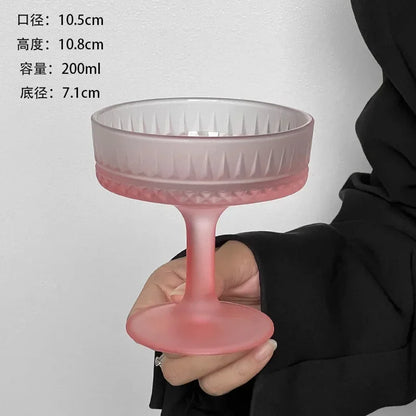 Premium Frosted Relief Glass Cup – Pink Goblet with Tall Feet