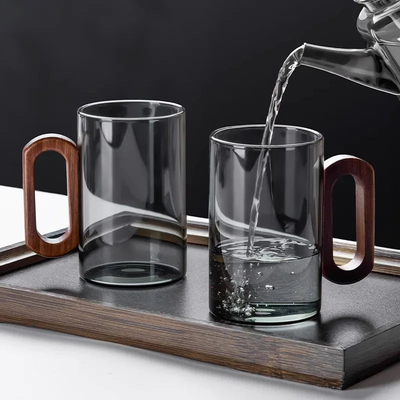 2/4/6PCS Luxury Transparent Black Glass Mug Set with Wooden Handle