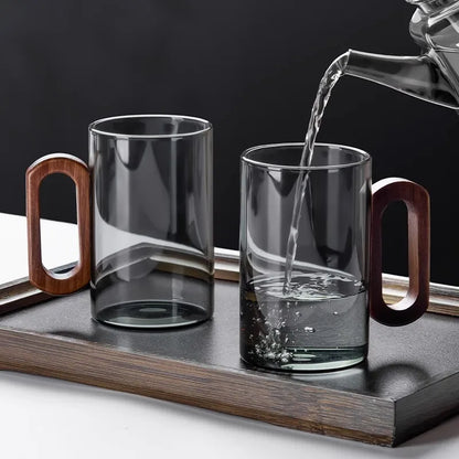 2/4/6PCS Luxury Transparent Black Glass Mug Set with Wooden Handle