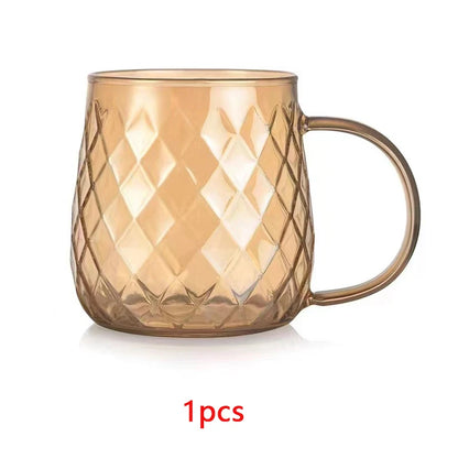 Diamond Textured Glass Cup – 380ml Golden Teacup Mug with Handle