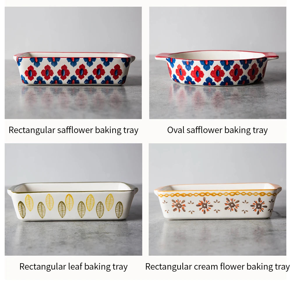 Flowers Rectangular Oval Ceramic Bakeware Pan with Handle – Multi-Size Baking Dish