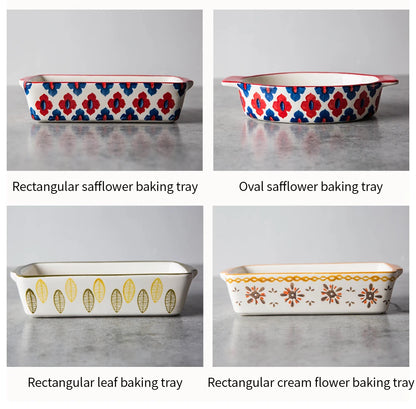 Flowers Rectangular Oval Ceramic Bakeware Pan with Handle – Multi-Size Baking Dish