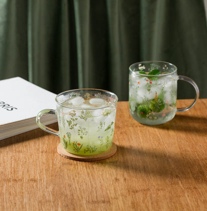 Green Botanical Pattern Borosilicate Glass Cup – 450ml & 500ml Sizes Available