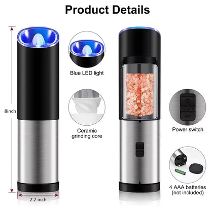 Electric Salt & Pepper Grinder – Gravity Automatic Spice Mill with LED Light