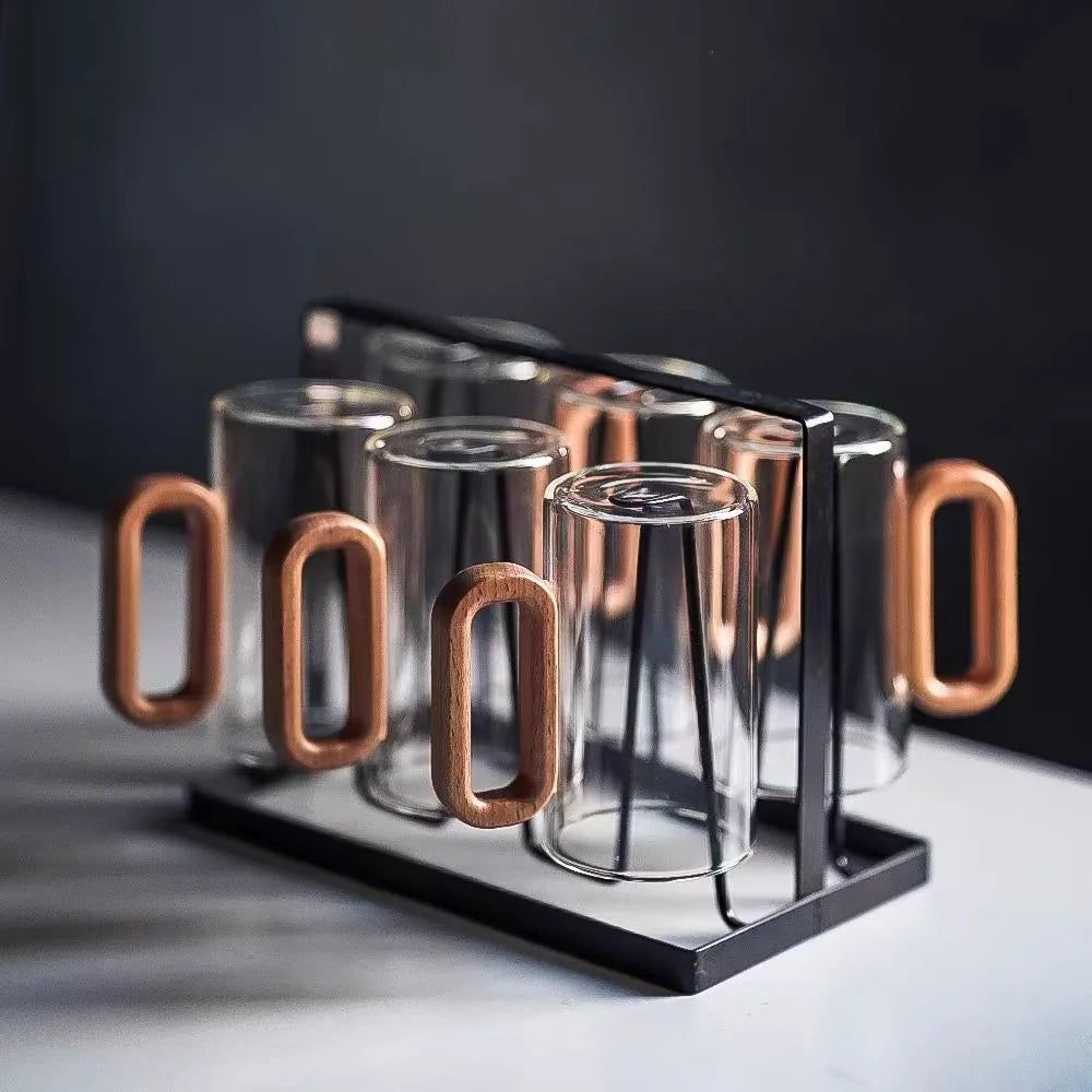 2/4/6PCS Luxury Transparent Black Glass Mug Set with Wooden Handle