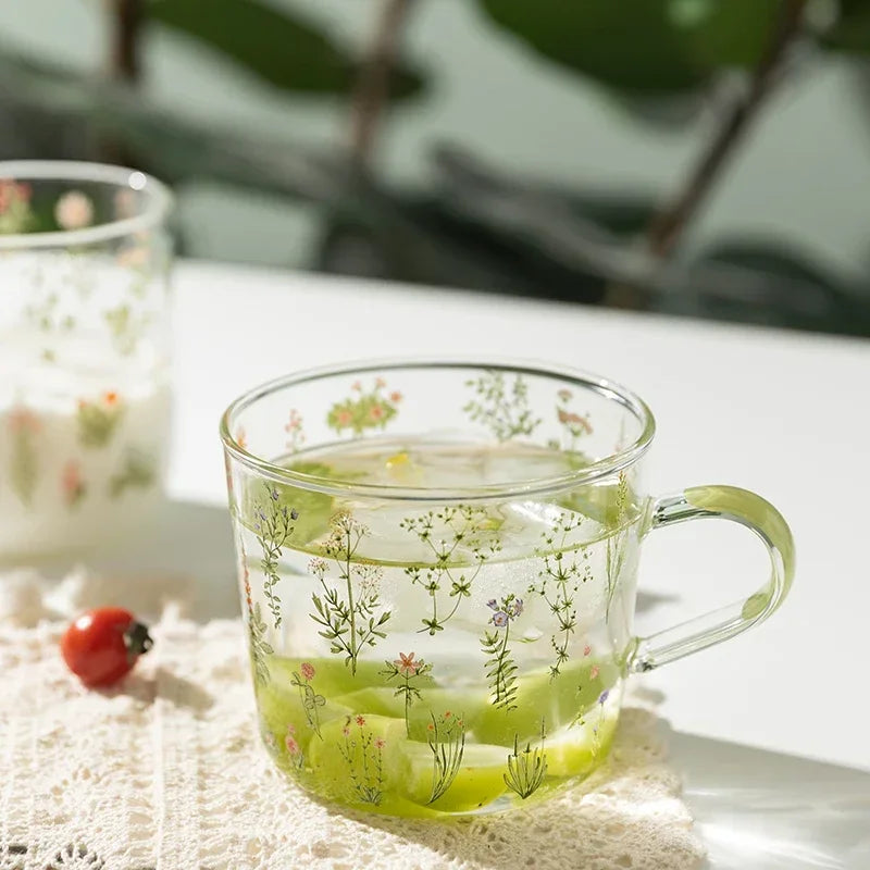 Green Botanical Pattern Borosilicate Glass Cup – 450ml & 500ml Sizes Available