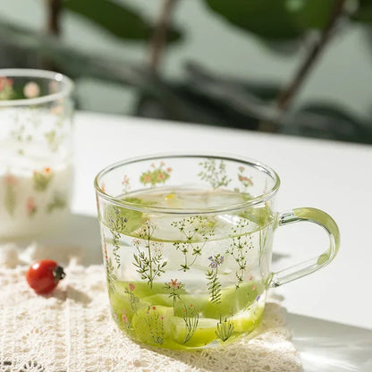 Green Botanical Pattern Borosilicate Glass Cup – 450ml & 500ml Sizes Available