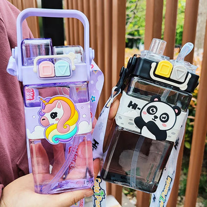 520ml Cute Water Bottle – Rectangular Shape with Strap, 2-Way Sip Style