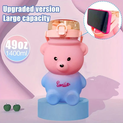 Cute Bear Shape Water Bottle with Straw & Shoulder Strap