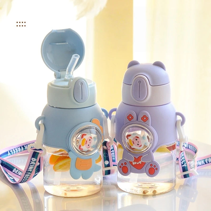 600ML Cute Cartoon Water Bottle with Straw & Removable Strap