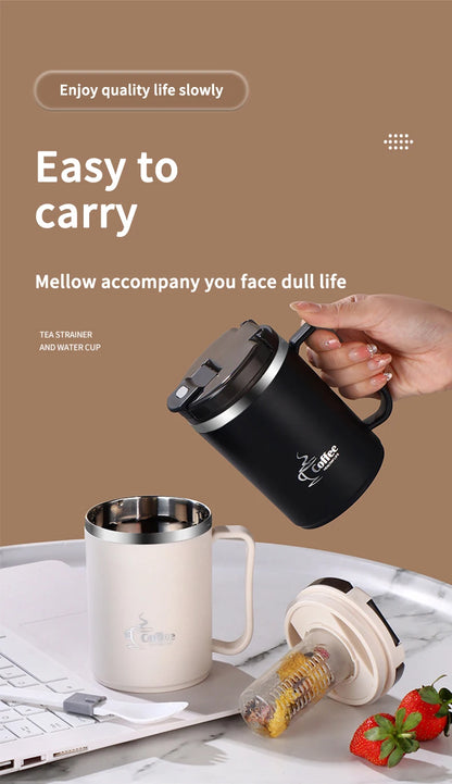 Double-Wall Thermal Coffee Cup With Strainer&Spoon Portable Leak Proof Coffee Mug