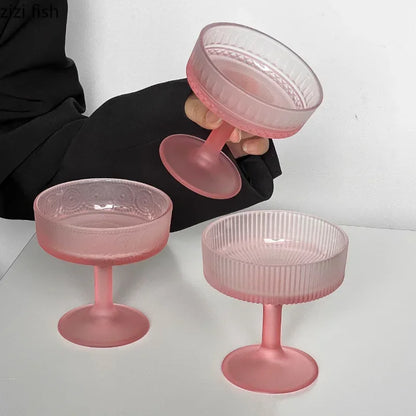 Premium Frosted Relief Glass Cup – Pink Goblet with Tall Feet