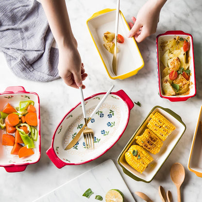 Flowers Rectangular Oval Ceramic Bakeware Pan with Handle – Multi-Size Baking Dish