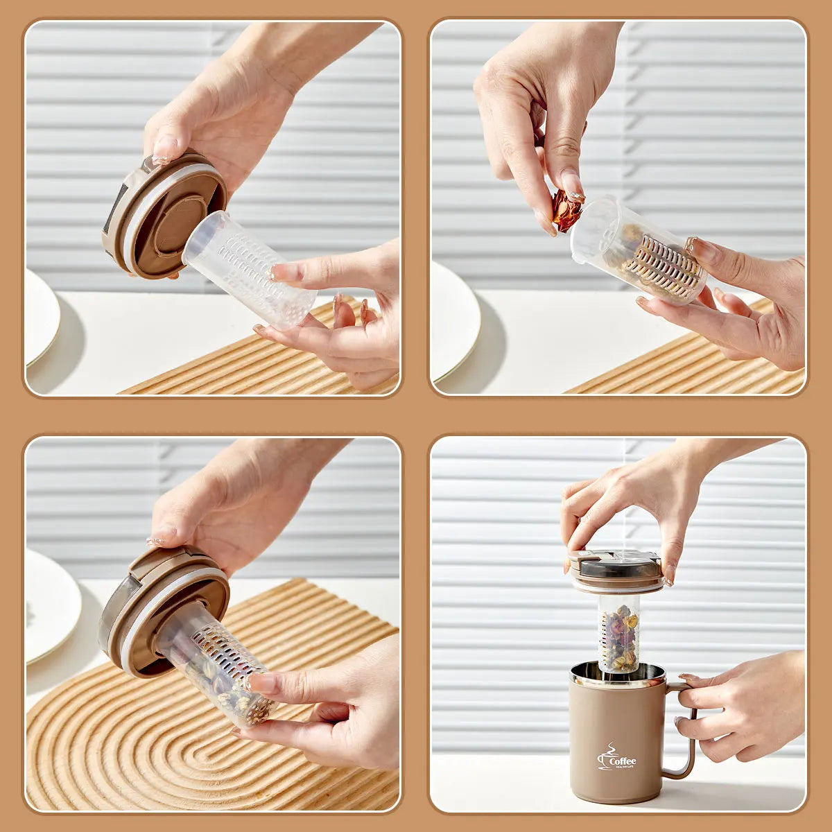 Double-Wall Thermal Coffee Cup With Strainer&Spoon Portable Leak Proof Coffee Mug