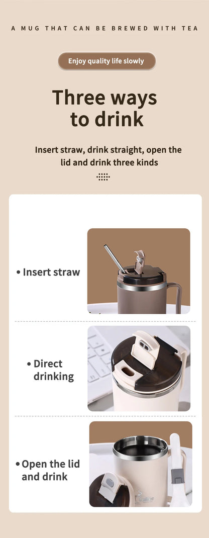 Double-Wall Thermal Coffee Cup With Strainer&Spoon Portable Leak Proof Coffee Mug