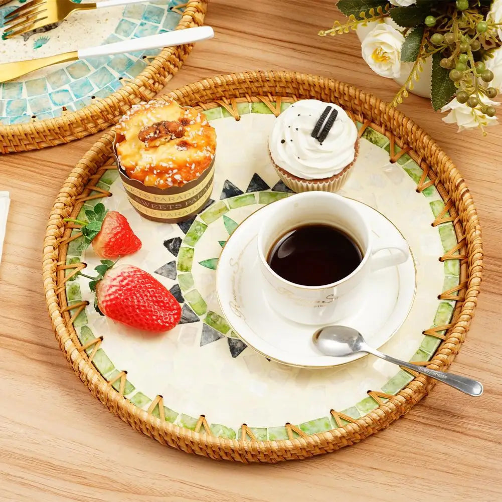 Unique Decorative Round Rattan Serving Tray with Mother-of-Pearl Inlay