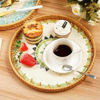 Unique Decorative Round Rattan Serving Tray with Mother-of-Pearl Inlay