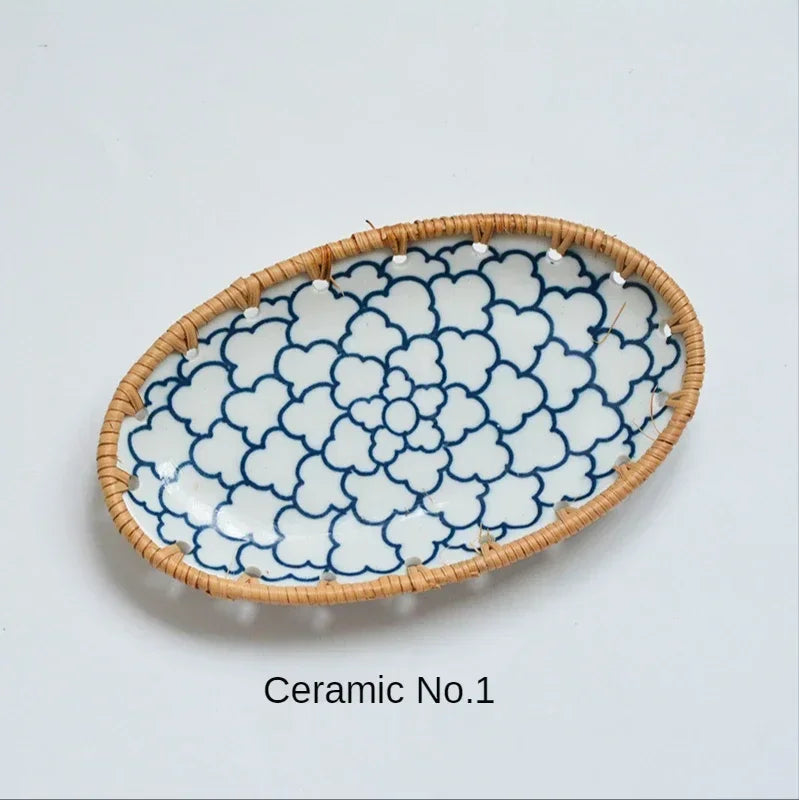 Rattan Woven Rim Ceramic Fruit Plate – Multi-Purpose Snack & Dessert Tray