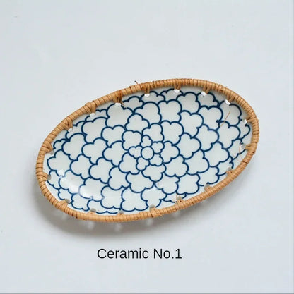 Rattan Woven Rim Ceramic Fruit Plate – Multi-Purpose Snack & Dessert Tray