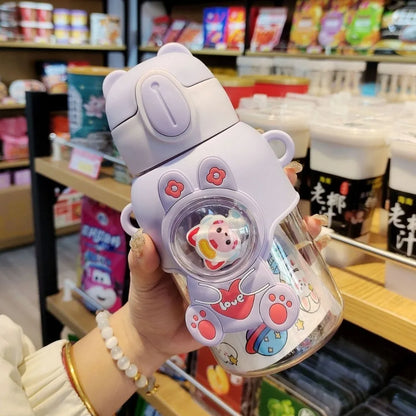 600ML Cute Cartoon Water Bottle with build-in Straw