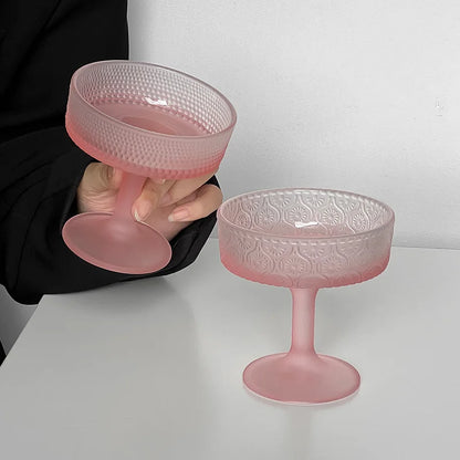 Premium Frosted Relief Glass Cup – Pink Goblet with Tall Feet