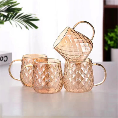 Diamond Textured Glass Cup – 380ml Golden Teacup Mug with Handle