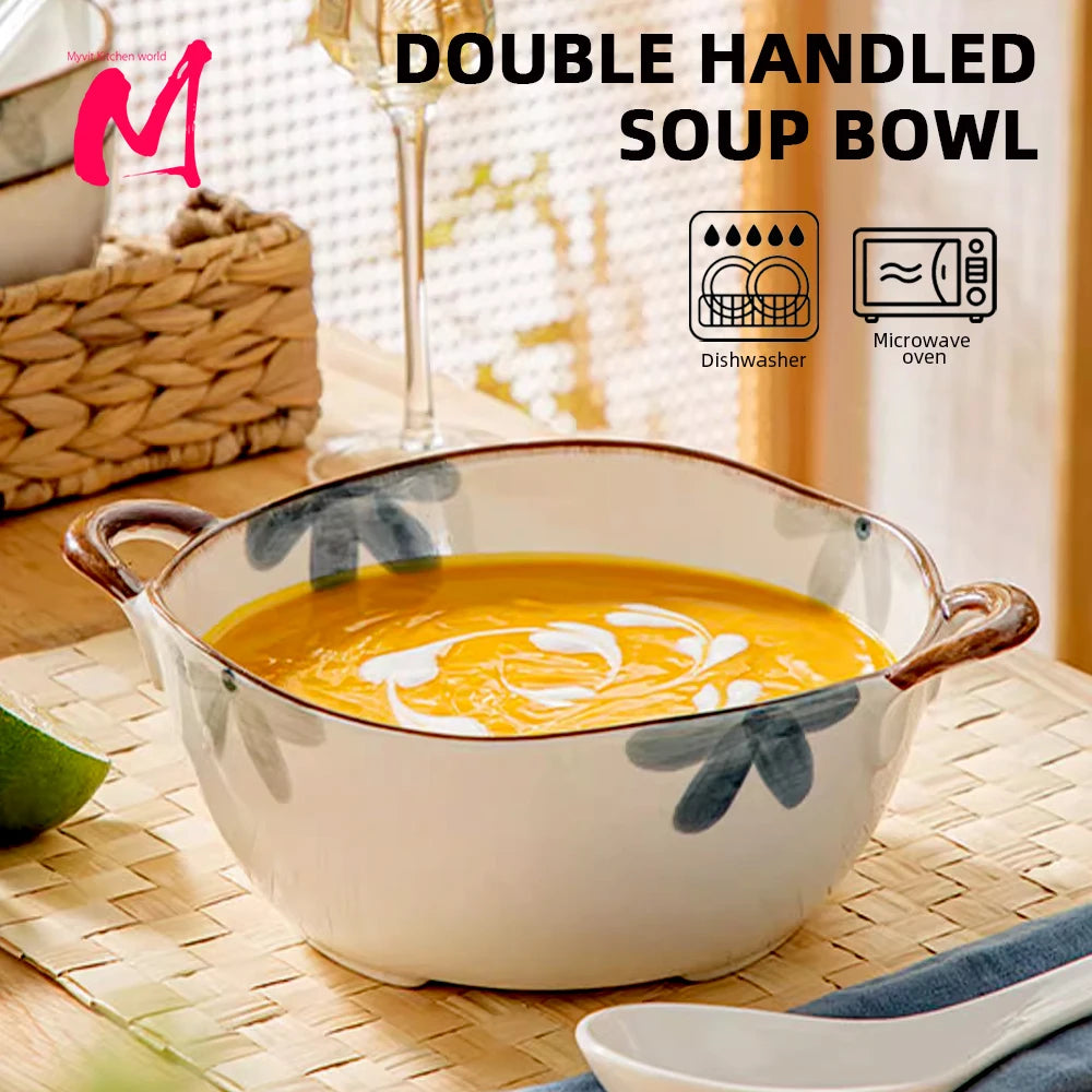 1500ml Household Ceramic Soup Bowl, Salad bowl with Double Handles – Large Capacity