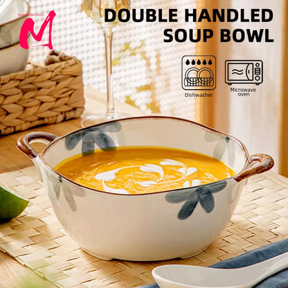 1500ml Household Ceramic Soup Bowl, Salad bowl with Double Handles – Large Capacity