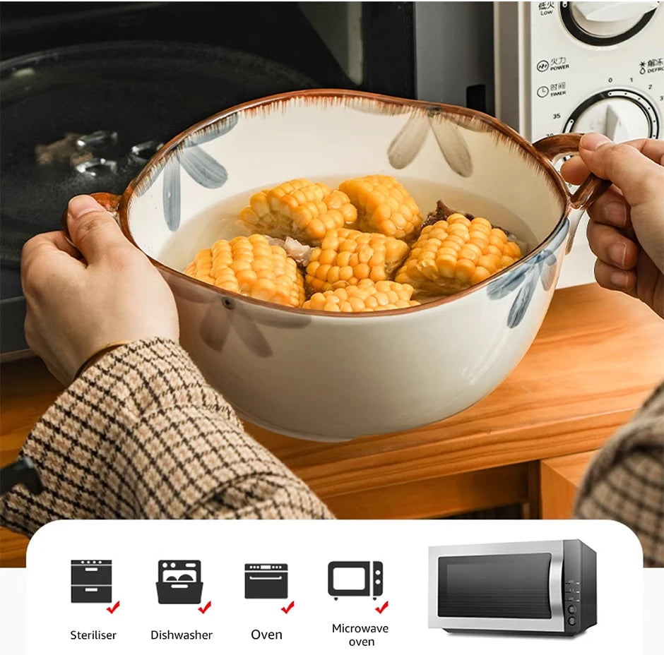 1500ml Household Ceramic Soup Bowl, Salad bowl with Double Handles – Large Capacity