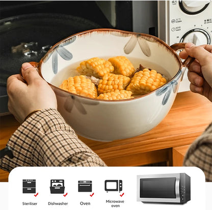 1500ml Household Ceramic Soup Bowl, Salad bowl with Double Handles – Large Capacity