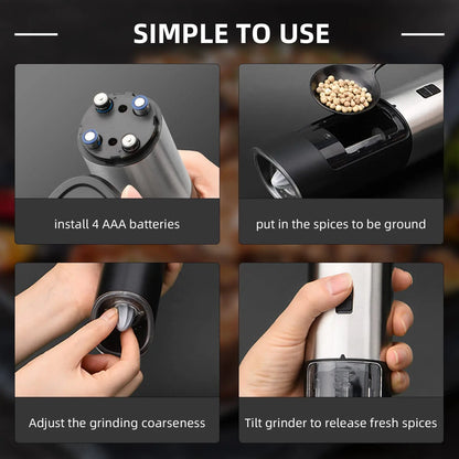 Electric Salt & Pepper Grinder – Gravity Automatic Spice Mill with LED Light