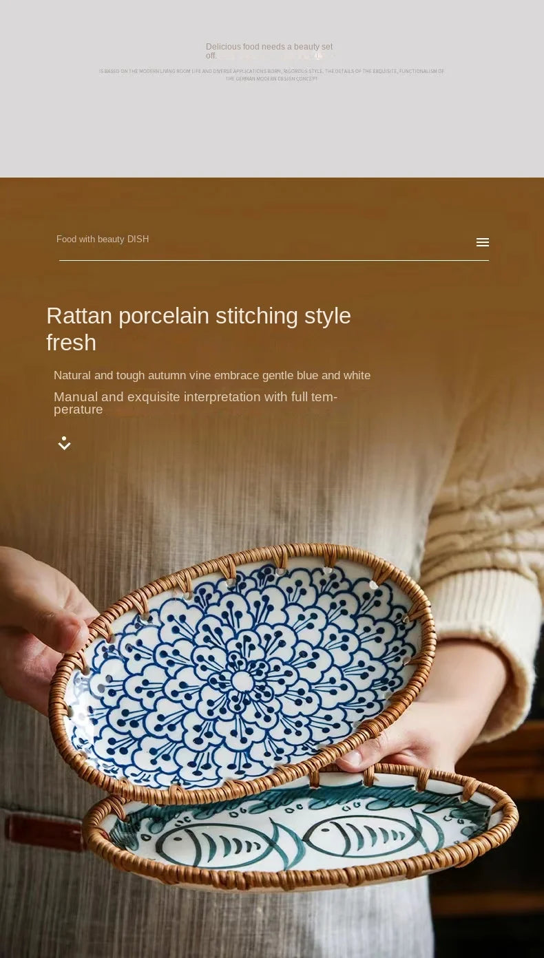 Rattan Woven Rim Ceramic Fruit Plate – Multi-Purpose Snack & Dessert Tray