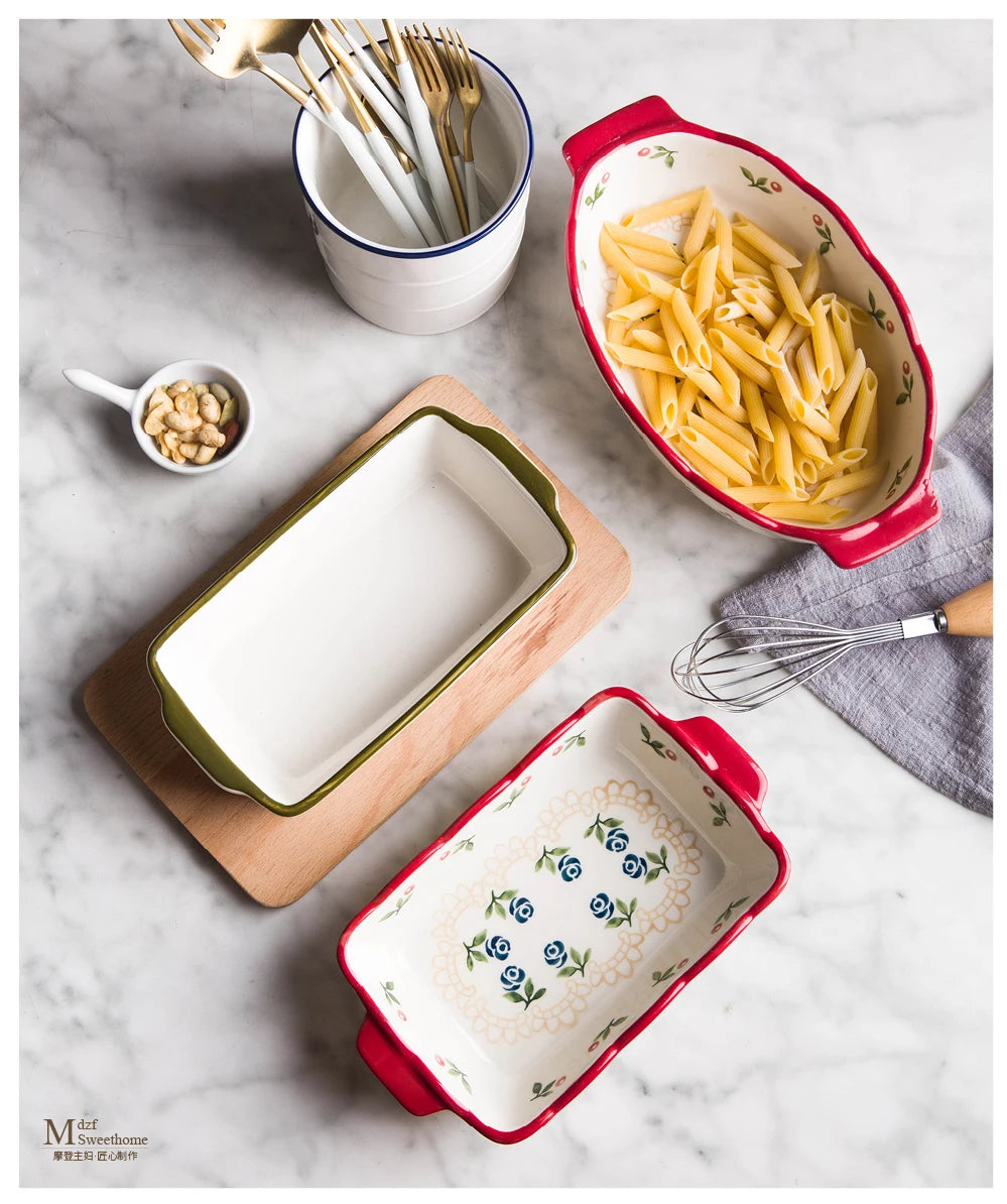 Flowers Rectangular Oval Ceramic Bakeware Pan with Handle – Multi-Size Baking Dish